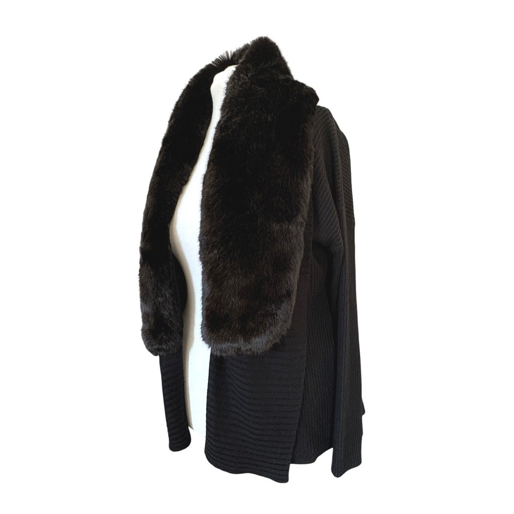H by Halston Silk Cashmere Blend Black Knit Cardigan XL Faux Fur Collar Luxury
